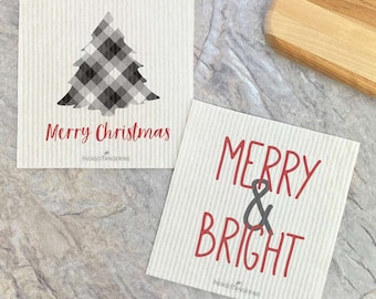 Plaid Christmas Tree, Merry & Bright 2 pk - Swedish Dish Cloth, Kitchen Dish Cloth, Reusable Dish Cloth, Christmas Dish Cloth, 6.75" x 7.5"