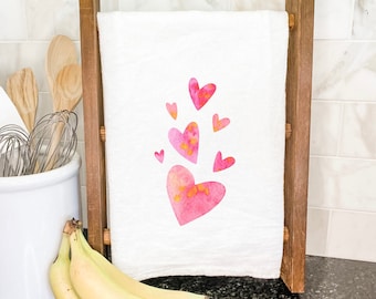 Orange and Pink Group of Hearts - Cotton Tea Towel, Flour Sack Towel, Kitchen Decor, Valentine's Décor, Kitchen towel, 27" x 27"