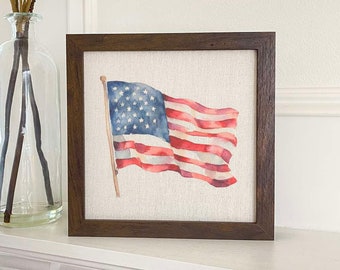 Watercolor American Flag - Framed Sign, Home Decor, Farmhouse Decor, Kitchen Decor, Patriotic Decor, Americana Decor, 9" x 9" Wood Frame