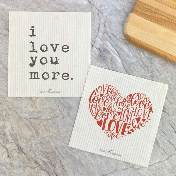 I Love You More, Red Love Heart 2 pk - Swedish Dish Cloth, Kitchen Dish Cloth, Valentine's Gift, Reusable Dish Cloth, 6.75" x 7.5"