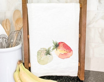 Watercolor Strawberry Pair - Cotton Tea Towel, Flour Sack Towel, Kitchen Decor, Custom Tea Towel, 27" x 27"