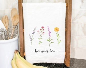 Love Grows Here Garden - Cotton Tea Towel, Flour Sack Towel, Kitchen Decor, Mother's Day Gift, Gift for Grandma, Kitchen Towel, 27" x 27"