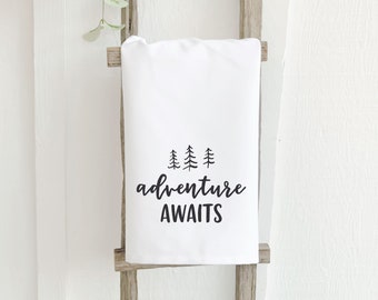 Adventure Awaits Cotton Tea Towel, Travel Gifts for Her, Inspirational Quote, Mountains Trees, Motivational Valentines Gift Ideas