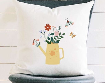 Spring Watering Can - Square Canvas Pillow, Spring decor, Spring Pillow, Throw Pillow, 18" x 18"