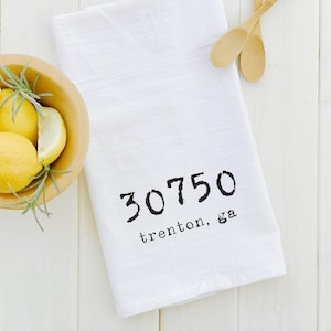 Zipcode and City Tea Towel, Housewarming Gift Dishtowel, Flour Sack Farmhouse Hand Towel, Kitchen 27" x 27" or 19" x 28"