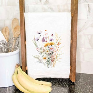 Watercolor Meadow Flowers - Cotton Tea Towel, Flour Sack Towel, Kitchen Decor, Kitchen towel, Summer, Floral, 27&quot; x 27&quot;