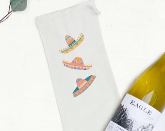 Sombreros - Canvas Wine Bag, Wine Gift, Sturdy Reusable Bag, Spring Gift, Cinco de Mayo, 13" x 6"