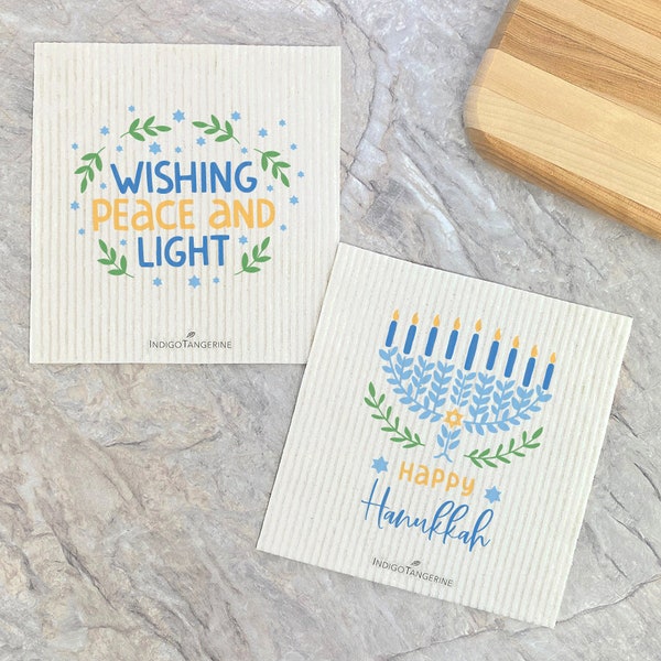 Happy Hanukkah, Wishing Peace and Light 2pk - Swedish Dish Cloth, Kitchen Dish Cloth, Reusable Dish Cloth, Hanukkah Decor, 6.75" x 7.5"