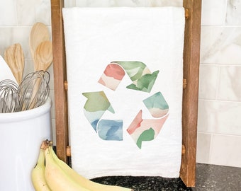 Watercolor Recycling - Cotton Tea Towel, Flour Sack Towel, Kitchen Decor, Custom Tea Towel, 27" x 27"