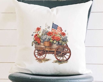 Vintage Carriage Planter - Square Canvas Pillow, Patriotic Pillow, Summer decor, Throw Pillow, 4th of July decor, America, 18" x 18"