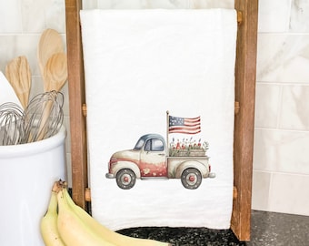 Patriotic Farmhouse Truck - Cotton Tea Towel, Flour Sack Towel, Kitchen Decor, Farmhouse Decor, Americana Decor, Kitchen towel, 27" x 27"