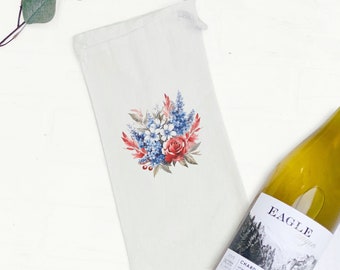 Rose Patriotic Bouquet - Canvas Wine Bag, Wine Gift, Sturdy Reusable Bag, Patriotic Bag, Gift Bag, Summer Wine Bag, 4th of July, 13" x 6"