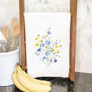 Yellow and Purple Cut Flowers - Cotton Tea Towel, Flour Sack Towel, Gift for Her, Spring tea towel, Spring decor, 27&quot; x 27&quot; or 19&quot; x 28&quot;