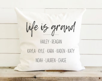 Life is Grand Customizable Grandparents with Grandchildren Names Pillow, Personalize with grandchildren names. Gift for Grandparents