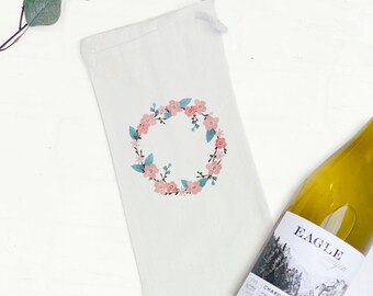 Cherry Blossom Wreath - Canvas Wine Bag, Wine Gift, Sturdy Reusable Bag, Spring Wine Bag, 13" x 6"