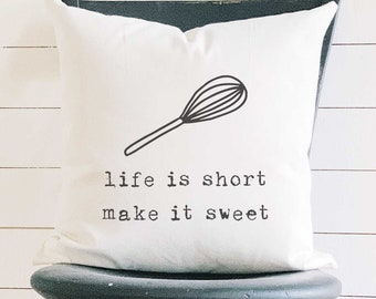 Life is Short (Whisk) - Square Canvas Pillow, Home Decor, Decorative Pillow, Throw Pillow, Farmhouse Pillow, 18" x 18"