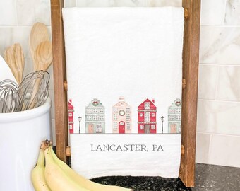 Christmas Village w/ City, State - Cotton Tea Towel, Flour Sack Towel, Winter Kitchen Decor, Kitchen towel, Christmas Tea Towel, 27" x 27"