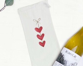 String of Hearts - Canvas Wine Bag, Wine Gift, Sturdy Reusable Bag, Valentine's Gift, 13" x 6"