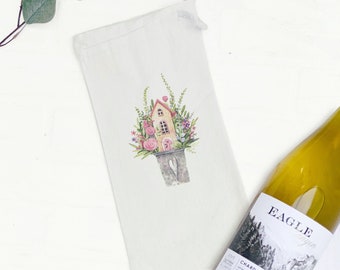 Floral Pail Fairy House - Canvas Wine Bag, Wine Gift, Sturdy Reusable Bag, Spring Wine Bag, 13" x 6"