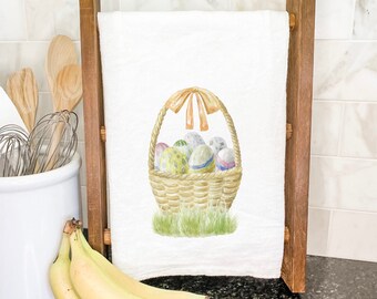 Watercolor Easter Basket - Cotton Tea Towel, Flour Sack Towel, Easter Decor, Spring Décor, Kitchen towel, 27" x 27"