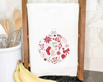 Christmas Collage Ornament - Cotton Tea Towel, Flour Sack Towel, Winter Kitchen Decor, Kitchen towel, Christmas Tea Towel, 27" x 27"
