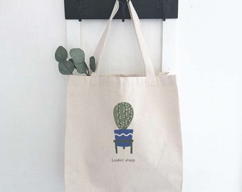 Lookin' Sharp (Cactus) - Canvas Tote Bag, Summer Tote Bag, Market Bag, Grocery Bag, Sturdy Reusable Bag, 14" x 14" x 5"