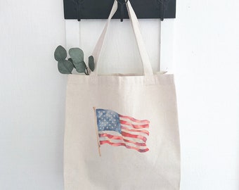 Watercolor American Flag - Canvas Tote Bag, Summer Bag, Patriotic Bag, America, Market Bag, Grocery Bag, Sturdy Reusable Bag, 14" x 14" x 5"