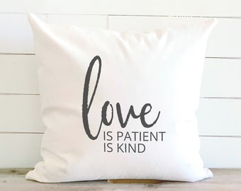 Love is Patient Love is Kind Scripture Bible Verse Pillow, 18in x 18in Cotton Pillow with Envelope Closure,  Farmhouse Pillows with Words