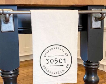 Postmark Stamp City/State/Zip  - Cotton Tea Towel, Flour Sack Towel, Gift from Realtor, Custom City State, Farmhouse Decor, 27" x 27"