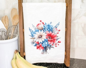 Patriotic Daisy Bouquet - Cotton Tea Towel, Flour Sack Towel, Gift from Realtor, Custom City State, Farmhouse Decor, 27" x 27"