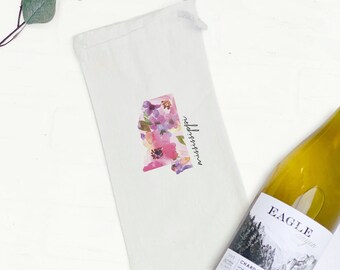 Floral State - Canvas Wine Bag, Wine Gift, Sturdy Reusable Bag, Host Gift, Housewarming, 13" x 6"