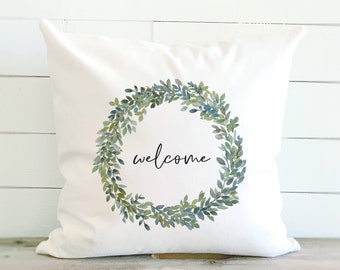 Welcome Pillow with Watercolor Boxwood Wreath Greenery, Bright and Colorful Spring Decor Cotton Canvas Pillow for Easter and Housewarming