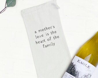 Mother's Love is the heart - Canvas Wine Bag, Wine Gift, Sturdy Reusable Bag, Spring Wine Bag, 13" x 6"