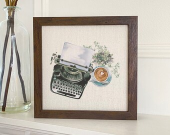 Typewriter Coffee - Framed Sign, Home Decor, 9" x 9" Wood Frame