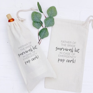 Mother of Bride Funny Quote Wine Bags, Canvas Drawstring Wine Bag, Wedding Day Emergency Kit, Father of the Bride Gift Survival Kit