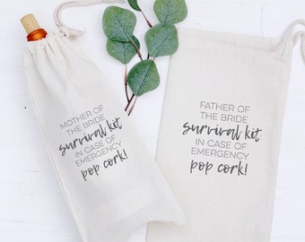 Mother of Bride Funny Quote Wine Bags, Canvas Drawstring Wine Bag, Wedding Day Emergency Kit, Father of the Bride Gift Survival Kit