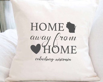 Home Away from Home w/ City, State - Square Canvas Pillow, Throw Pillow, Housewarming Gift, Gift for Her, Farmhouse Decor, 18" x 18"