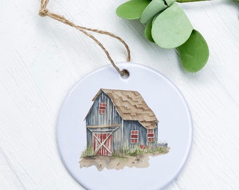 Painted Barn - OrnamentHost Gift Tag, Farmhouse Gift, Porcelain Ornament, Americana Ornament, 2.75" diameter