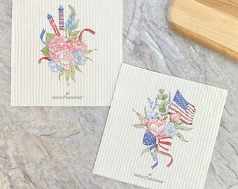 Firecracker and Flag Bouquet 2pk - Swedish Dish Cloth, Kitchen Dish Cloth, Reusable Dish Cloth, Patriotic Dish Cloth, Summe, 6.75" x 7.5"