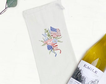 American Flag Bouquet - Canvas Wine Bag, Wine Gift, Sturdy Reusable Bag, Patriotic Bag, Gift Bag, Summer Wine Bag, 4th of July, 13" x 6"