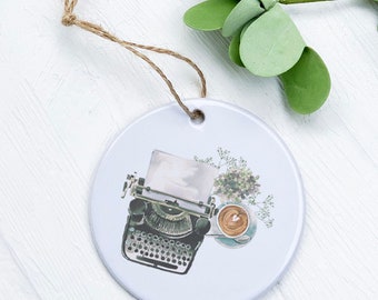 Typewriter Coffee - Ornament, Host Gift Tag, Porcelain Ornament, 2.75" diameter