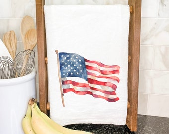 Watercolor American Flag - Cotton Tea Towel, Flour Sack Towel, Gift from Realtor, Custom City State, Farmhouse Decor, 27" x 27"