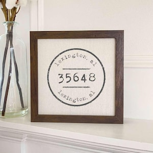 Postmark Stamp City/State/Zip - Framed Sign, Home Decor, Wall Art, 9" x 9" Wood Frame
