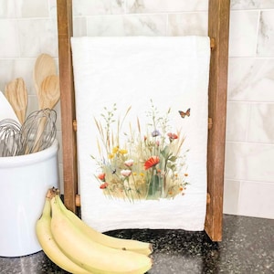 Watercolor Wildflower Grass - Cotton Tea Towel, Flour Sack Towel, Kitchen Decor, Kitchen towel, Summer, Floral, 27&quot; x 27&quot;
