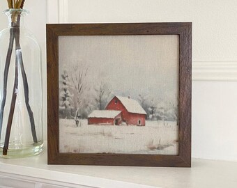 Vintage Watercolor Painting Framed Winter Scene Red Barn - Etsy