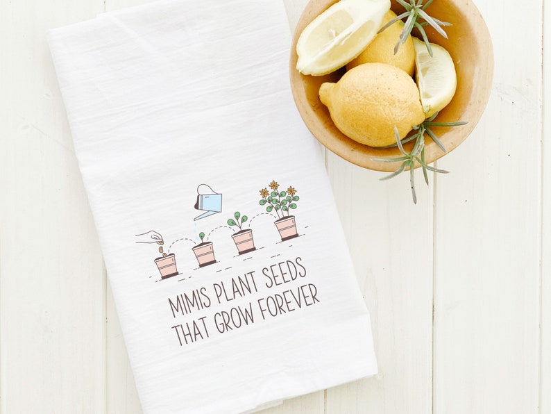Personalized Mimi Flour Sack Cotton Tea Towel, Customized with Any Grandma Name, Mothers Day Gift, Gigi, Yaya, Nana, Abuela Birthday Gift image 1