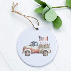 Patriotic Farmhouse Truck - OrnamentHost Gift Tag, Farmhouse Gift, Porcelain Ornament, Americana Ornament, 2.75&quot; diameter