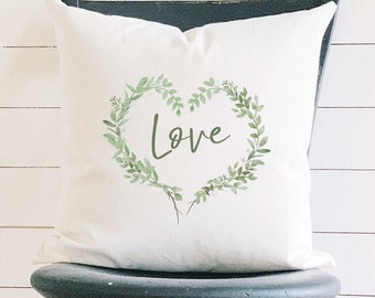 Love Greenery Heart Wreath - Square Canvas Pillow, Home Decor, Decorative Pillow, Throw Pillow, Valentine's Decor, Wedding Gift, 18" x 18"