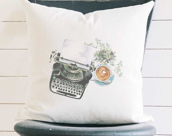 Typewriter Coffee - Square Canvas Pillow, Home Decor, Decorative Pillow, Throw Pillow, 18" x 18"