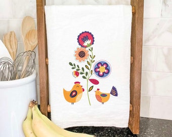 Birds and Flowers Illustration - Cotton Tea Towel, Flour Sack Towel, Gift for Her, Spring tea towel, Spring decor, 27" x 27"
